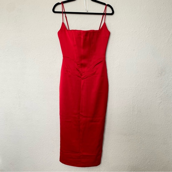 House of CB Anais Satin Corset Dress Red scarlet Size S midi NWOT - Picture 5 of 13
